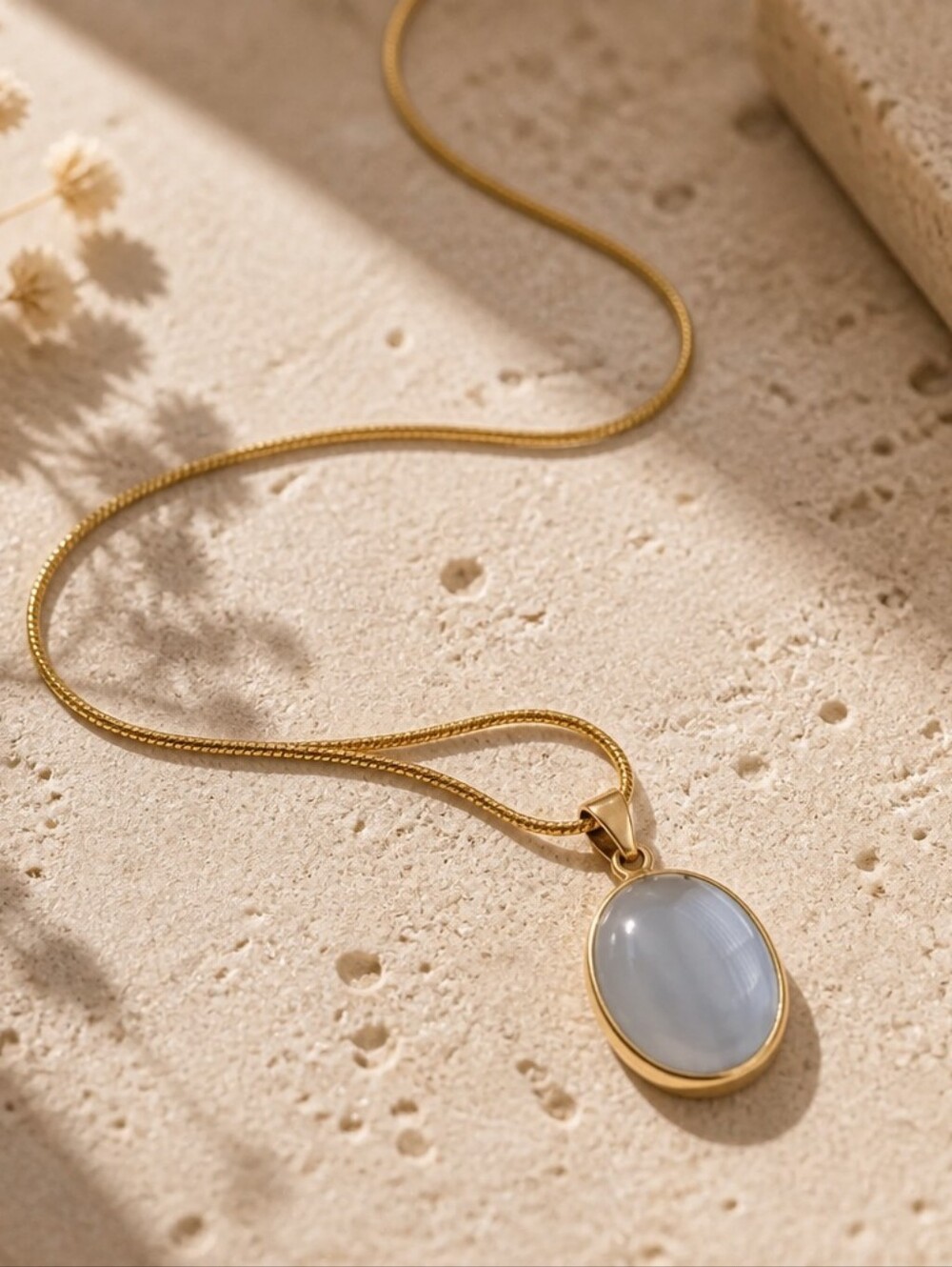 Oval Milky Agate Gold Pendant Necklace, 18K Gold Plated Snake Chain Minimalist